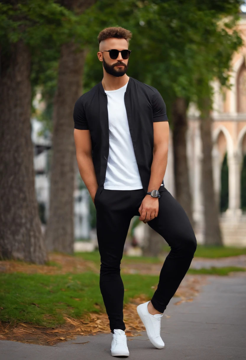 create a character inspired by the pixar universe, put all the art in vibrant colors and all the characteristics of this animation, a 30 year old man, medium body, bald head, medium light brown beard, black shirt, white t-shirt, black pants, white sneakers , honey green eyes, in front of a church