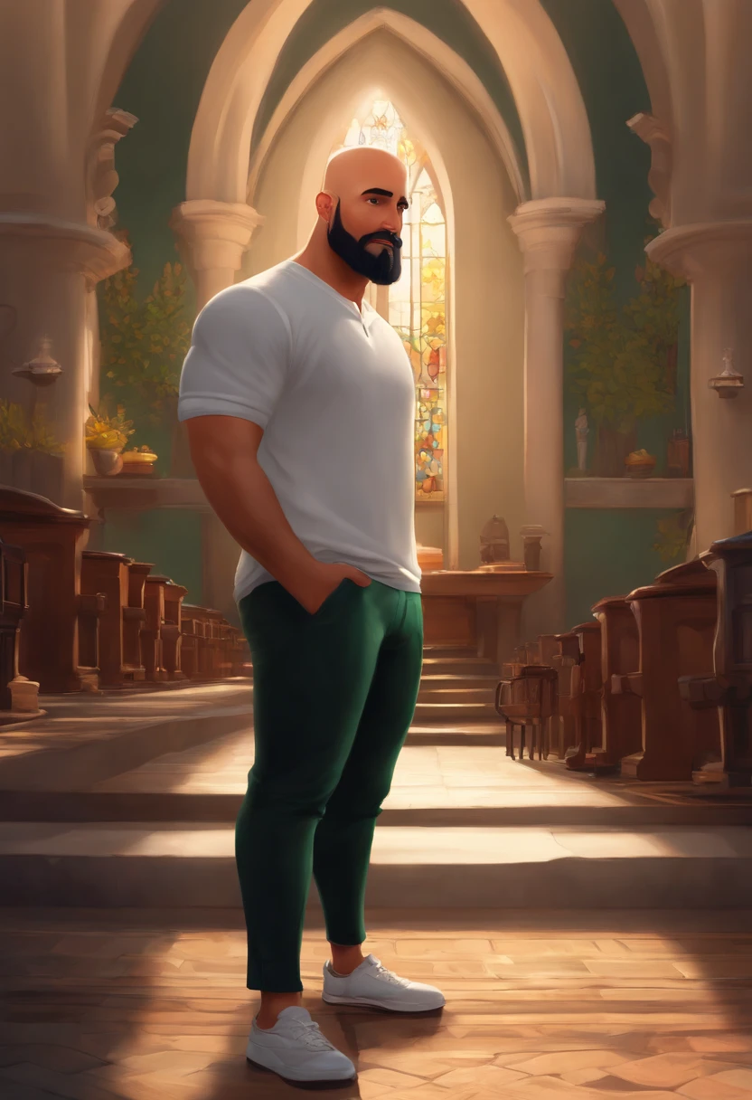 create a character inspired by the pixar universe, put all the art in vibrant colors and all the characteristics of this animation, a 30 year old man, medium body, bald head, medium light brown beard, black shirt, white t-shirt, black pants, white sneakers , honey green eyes, in front of a church