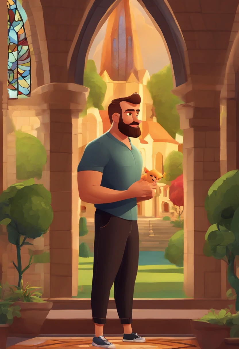 create a character inspired by the pixar universe, put all the art in vibrant colors and all the characteristics of this animation, a 30 year old man, medium body, bald head, medium light brown beard, black shirt, white t-shirt, black pants, white sneakers , honey green eyes, in front of a church