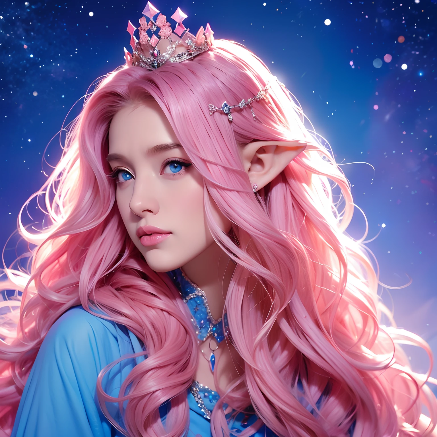 Woman, long curly hair, pink hair, blue eyes, elf, crown, empress, furry coat, magic background, pink background,Provocative, sexy,Elf, magic background, scenery, star, furry coat, alone, Dress, Front body, elf,Front,front body