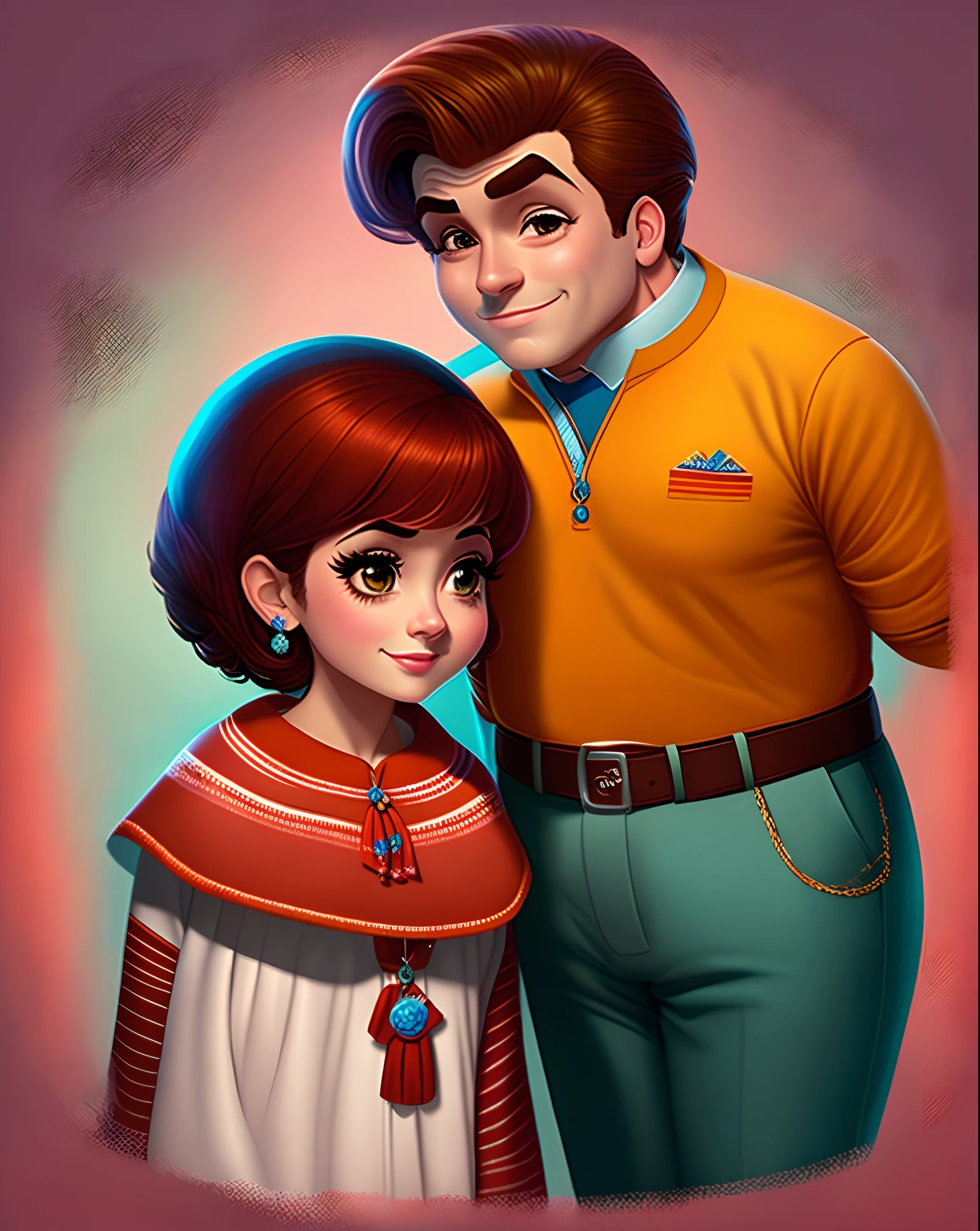 Casal (homem moreno e mulher branca) no estilo Disney Pixar, alta qualidade, melhor qualidade