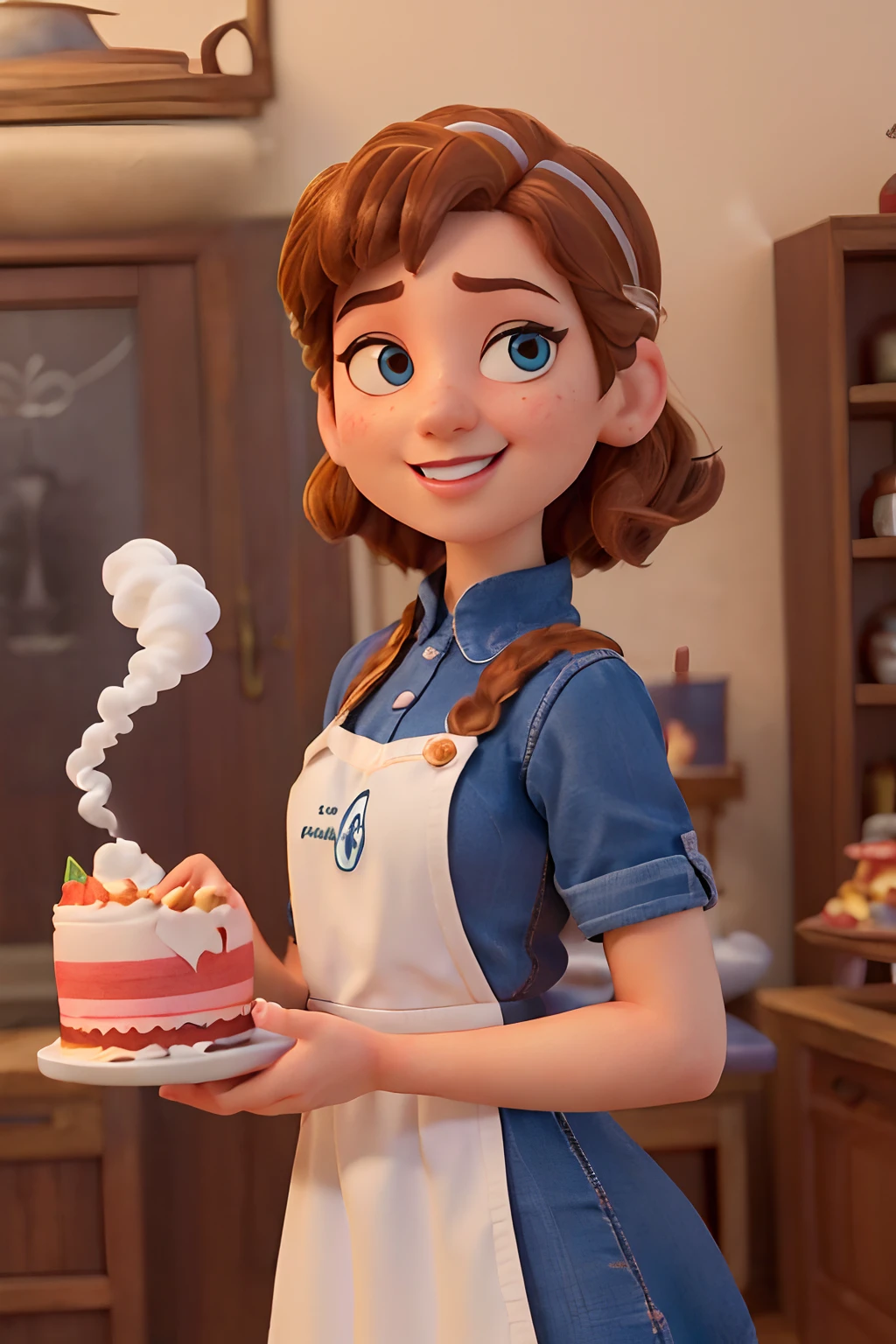 (Pixar-style poster of a cute girl seen from the front in a white chef uniform written Lucy.cakes, Smiling and showing a decorated medium cake. playful face, (com cabelos castanhos medio, olhos castanhos, com uma pinta ao laso esquerdo do queixo pele jovem e delicada, queixo pequeno, queixo curto. expression of laughter, exaggerated expression , （Perfect Correct Hand） ，（Smoke gas: 1.37） Cinematic background of the interior of a confectionery shop, Fotos de alta qualidade, 3D Studio Photos, (lots of smoke: 1.2), fotografia em close-up, Traces clear facial features, arte conceitual do personagem, exagero,