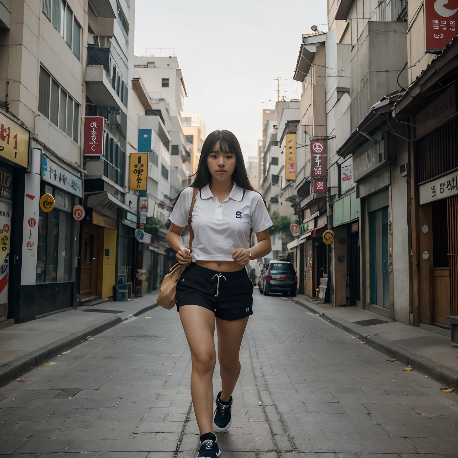 Full body. Beautiful 25 year old South Korean girl, cabello negro, Dressed in polo shirt and shorts running down the sidewalk of Seoul, textura de piel gran angular, ultra detallado, Detalles intricados, octanaje renderizado, iluminacion volumetrica, golden ratio, imagen en 3D, resolucion 64K. photographic style: Lente de 50 mm, apertura F.2.5. Sugerencias: No debe salir: Bortoso, feo, ruido, grano, mala anatomia, malas proporciones, mal arte, mal dibujado, cara mala dibujada, mutado, mutilate, morbid, miembros perdidos, miembros extras, miembros flotantes, miembros fusionados, fuera de foco, fuera de cuadro,  low res, carton, plastico