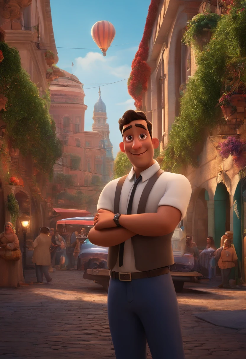 A city councilman looking at a dream project inspired by Pixar animation, de perto. The character takes center stage with captivating facial expressions, oferecendo um toque de irrealidade