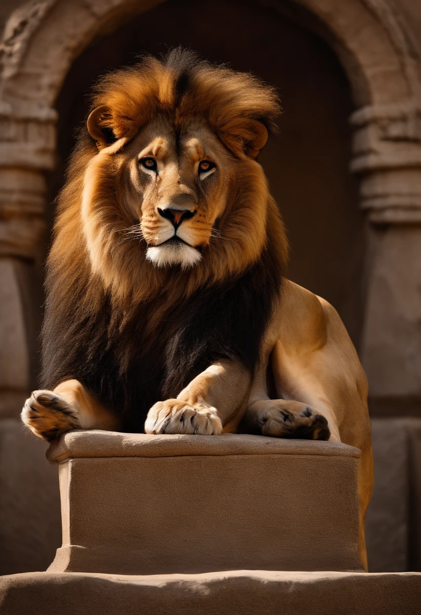 Capture the real and dominant presence of Xangô, um homem de 32 anos de pele negra representando uma figura(( sentado em um trono,de pedra,)) em uma aldeia africana, com((( your faithful lion))) ao lado de seu trono adornado com majestosas vestes e uma coroa, cabelos curtos irradiando autoridade e sabedoria. Roupas em cores ((((vermelho e branco, )))((( with a two-sided axe in his hand)))