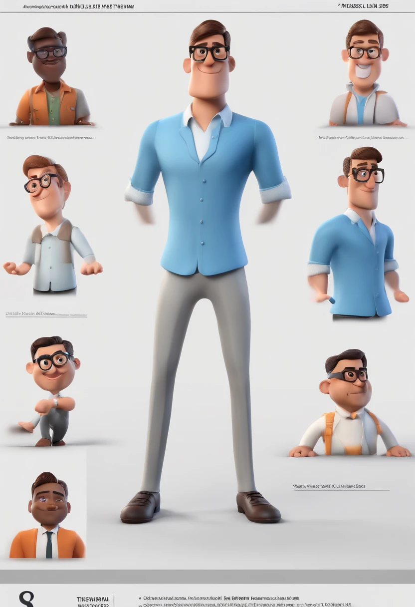 Cartoon character of a man with black glasses and a blue shirt, animation character, Caractere estilizado, animation style rendering, 3D estilizado, Arnold Maya render, 3 d render stylized, toon render keyshot, Personagem 3D, Personagem 3D, 3d rendering stylized, 3 d character render, personagem de desenho animado, Personagem de close up, Pose de personagem, (Estilo Pixar) (master part:1.2) (Bokeh) (best quality) (pele detalhada) (textura detalhada) (8k) (argila) (Cinematic lighting) (foco nítido