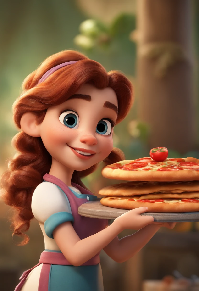 qualidade de imagem do filme，Disney Animation Style，A young girl dressed as a cook with a pizza in her hand，cabelo curto e detalhado，Em uma cozinha de Restaurante，profundidade de campos，Luz alta，luz real，Traching de raias，oc renderizado，hyper-realistic，melhor qualidade，8k，Obras de mestres，super-fino，pelos pubianos detalhados，anatomia correta，sharp focus on eyes，Bokeh，Facial features are carefully described