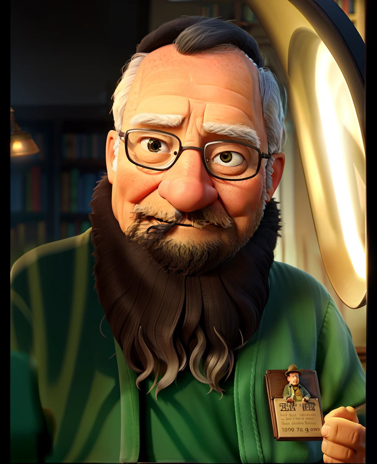 A wise old man standing in front, illuminated by the light of a lamp, against the backdrop of a library
