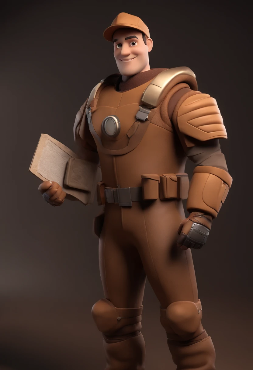 Cartoon character of a man in a brown jumpsuit, capacete de obra branco, Holding an Artboard Animation Character, Caractere estilizado, animation style rendering, 3D estilizado, Arnold Maya render, 3 d render stylized, toon render keyshot, Personagem 3D, Personagem 3D, 3d rendering stylized, 3 d character render, personagem de desenho animado, Personagem de close up, Pose de personagem,  (Estilo Pixar) (master part:1.2) (Bokeh) (best quality) (pele detalhada) (textura detalhada) (8k) (argila) (Cinematic lighting) (foco nítido