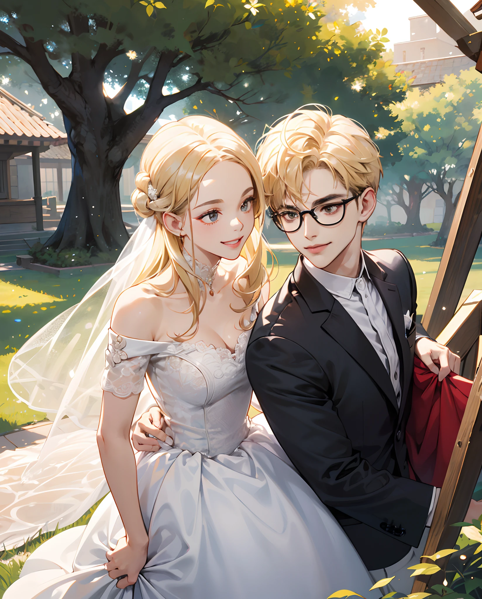 An illustration of an adorable couple, Highlight for a chubby mulatto man with round glasses smiling and a blonde woman with beautiful expressive and black eyes - the man's skin is mulatto and the man's hair has, while the woman's skin is white and the woman's hair is straight and blonde. They are a bright room, cada um com um sorriso no rosto, e compartilhar um momento especial caracterizado pelo amor, Insights. Illustrate this scene from a perspective where they are dressed for the wedding under a large tree, Smiling and Showing Your Connection. Desenvolva esta arte em Full HD, Focus on your cinematic touch, Estilo Disney Pixar Animations