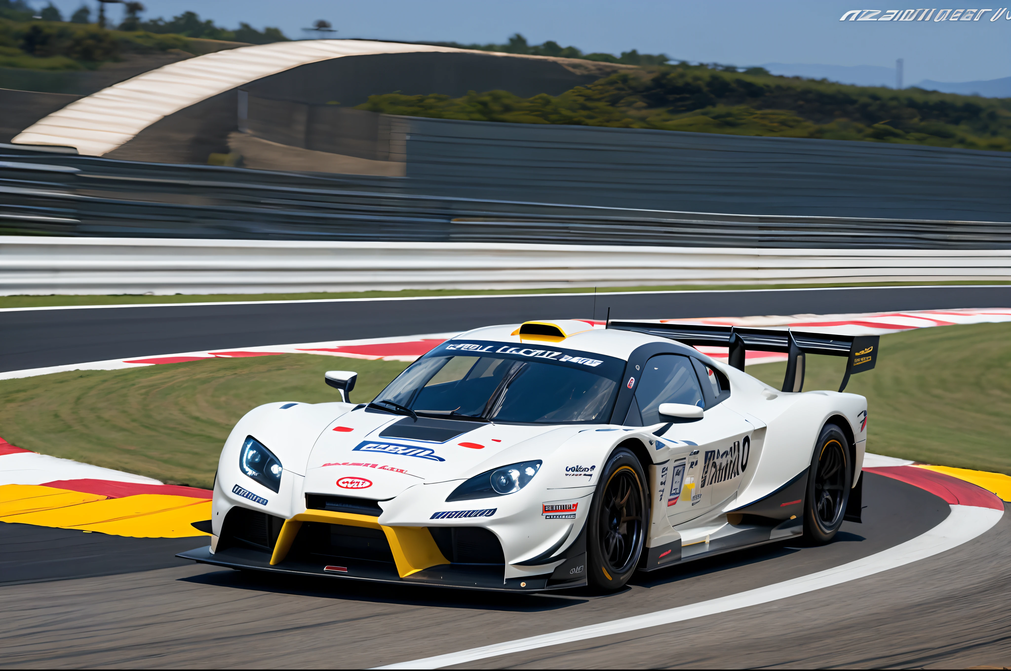 Masterpiece, best quality, super high resolution, realistic textures, racing car, design based on Toyota's GR010, sharp front light design, with large wings, large aluminum wheels, disc brakes, photos while driving, low ride height, with custom muffler, custom aero, front lights on, photos taken at Fuji Speedway, only one car is captured.