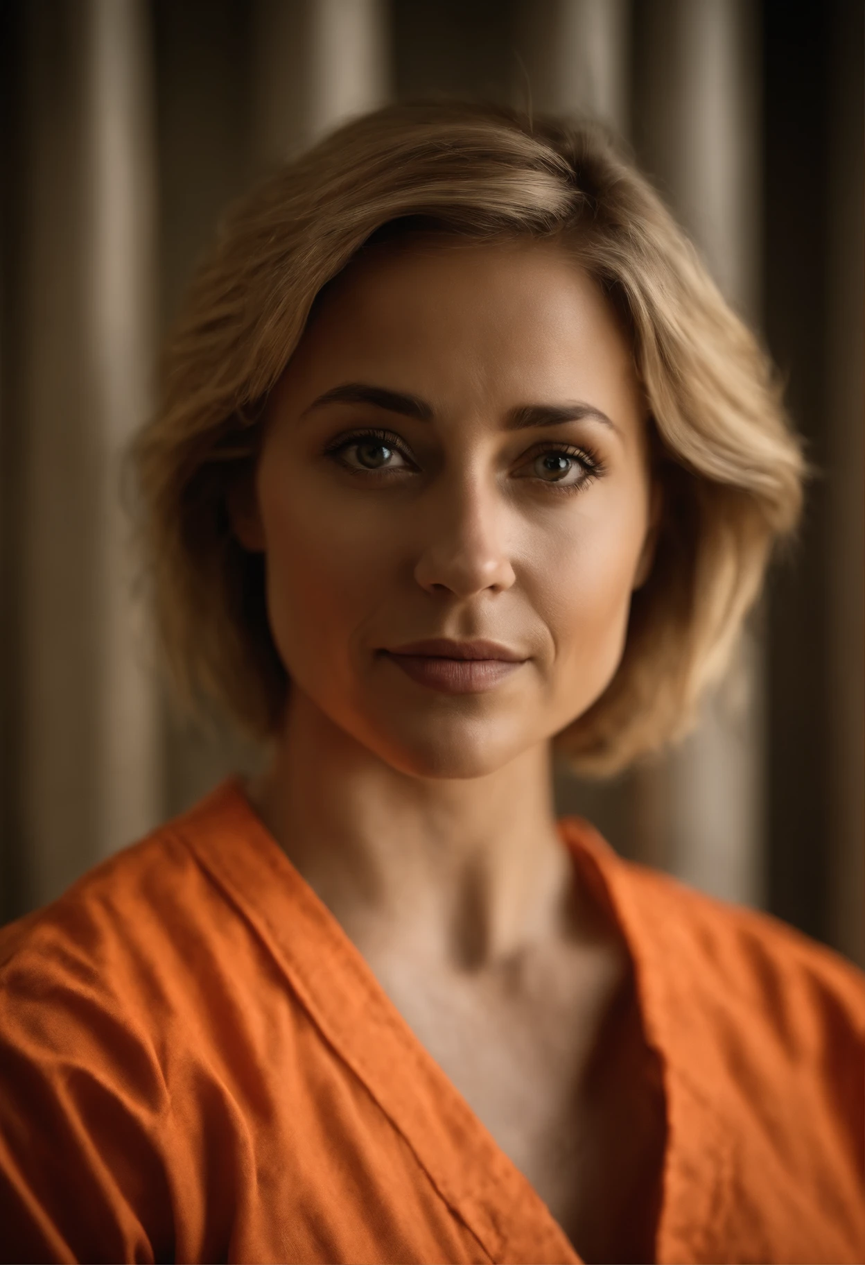 ((realismo)), extremely high quality RAW photograph, Antecedentes detalhados, intrincado, messy hair, Detalhes e texturas requintados, altamente detalhado, Foto de (Allison Mack) in a prison cell, (wearing orange prison clothes:1.3), Looking away from the camera, fotografia ultra detalhada, warm lighting, art-station, 4k, foco nítido, high resolution, pele detalhada, Olhos detalhados, 8k UHD, DSLR, harsh low lighting, alta qualidade, filmic grain, Fujifilm XT3, triste:1.3