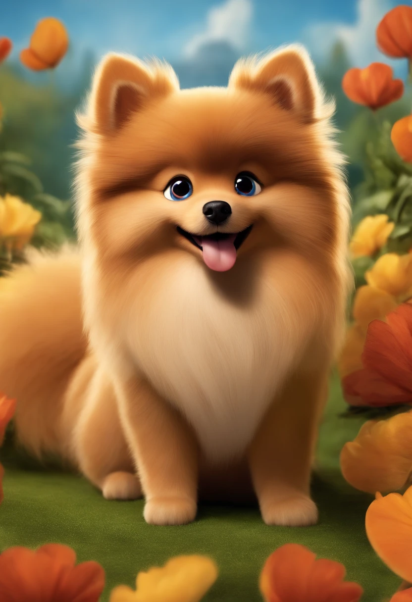 Animated poster for the Disney Pixar film of a small German spitz, macho, colera com nome Romeu, com pelos cor caramelo, e com cabelos cor de caramelo, grandes olhos negros, muito peludo, Super friendly and smiling, extremamente lindo, spitz muito peludo.