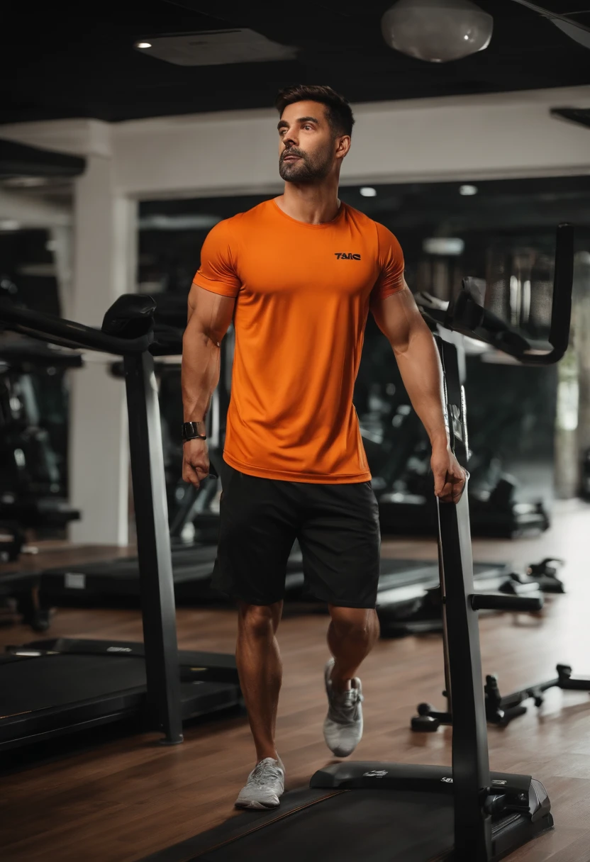 Crie uma academia no estilo Pixar. Make a gym with weight machines and treadmills in the background. Parede lisa com a cor preta, Black ceiling and wooden floor. Warm Led Dark Lighting. Com um avatares masculinos treinando, sorrindo, Happy eyes in black pants and orange t-shirt. com o nome na camiseta EVOQUE fonte PIXAR.