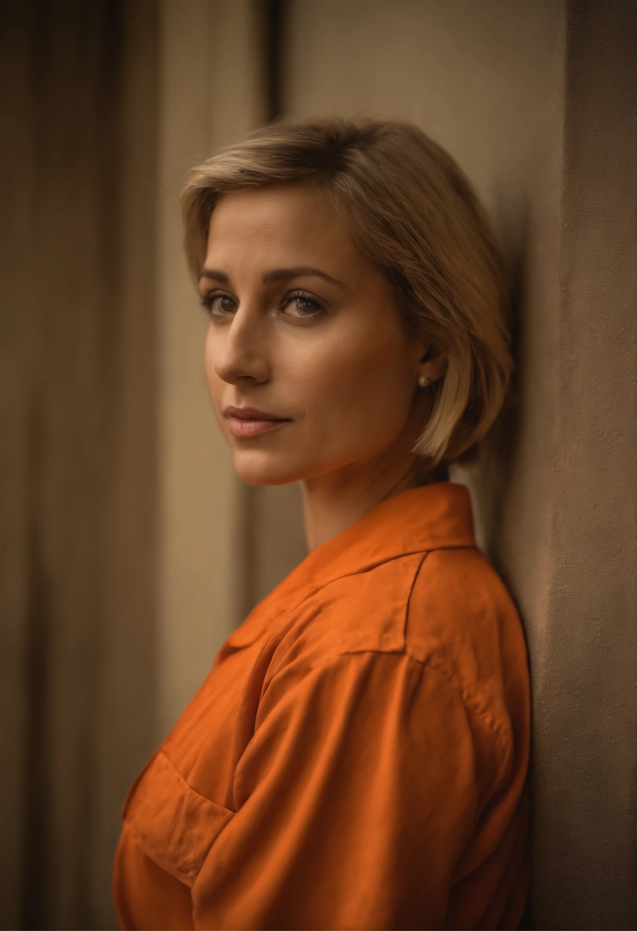 ((realismo)), extremely high quality RAW photograph, Antecedentes detalhados, intrincado, messy hair, Detalhes e texturas requintados, altamente detalhado, Foto de (Allison Mack) in a prison cell, (wearing orange prison clothes:1.3), Looking away from the camera, fotografia ultra detalhada, warm lighting, art-station, 4k, foco nítido, high resolution, pele detalhada, Olhos detalhados, 8k UHD, DSLR, harsh low lighting, alta qualidade, filmic grain, Fujifilm XT3, triste:1.3