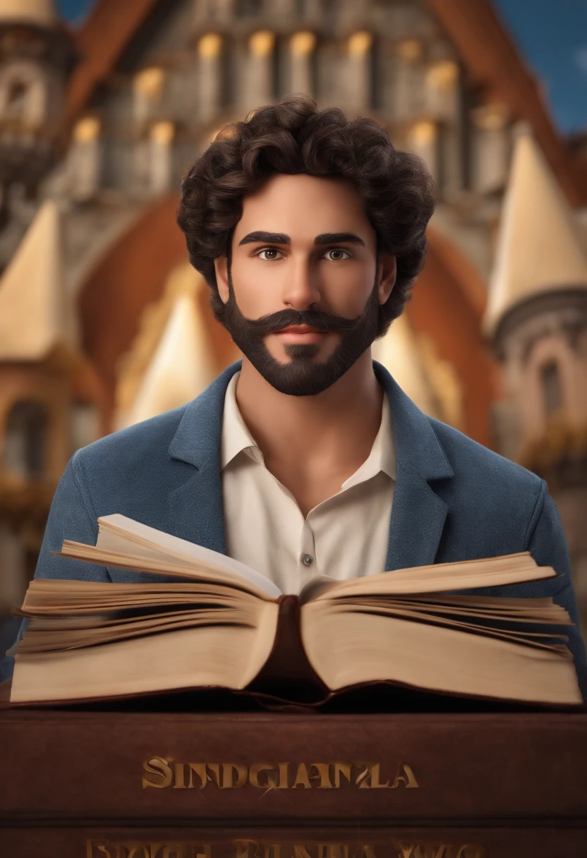 a 3d pixar disney style movie poster with text "sindico do povo", Douglas Davi Pena, sindico do povo em uberlandia, vestindo terno, with alliance, foto de meio corpo, com cabelo social alto escovado com entradas, sobrancelhas triangulares , com olhos e cabelos escuros, barba cerrada, sorrindo, posando em frente a uma estante com livros, advogado, orelhas grandes, branco