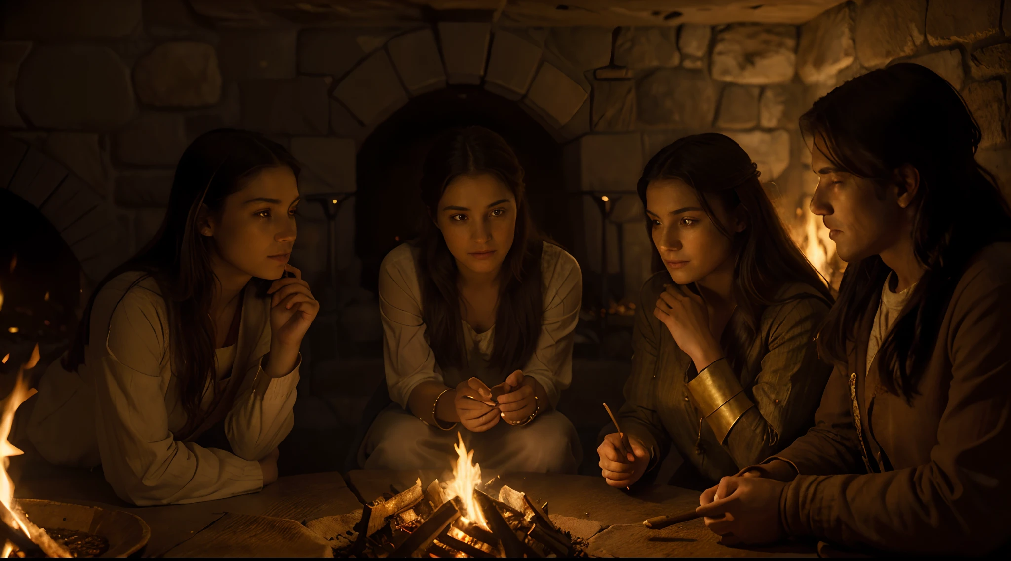 (best quality,realistic,highres:1.2),group of people from ancient biblical times,5 people,conversation around a bonfire,wearing tunics,fire lighting up their faces,vivid colors,soft warm lighting,scenic background,stars shining in the sky,dramatic atmosphere,historical setting,pensive expressions,sincere interactions,historical accuracy,attention to details,aged textures and materials,flickering firelight,emotional depth,historical storytelling,faint smoke rising from the fire,subtle shadows and highlights,authentic ambiance,engaging narrative,vibrant costumes,serene mood,deep conversation,seamless blending of the characters with the surroundings,peaceful night scene