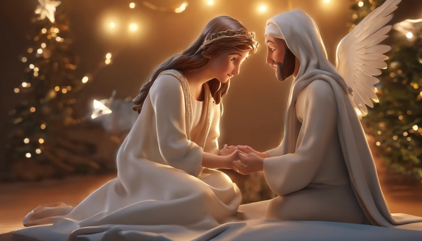 (Illustrate the Star of Bethlehem)Depict an image of Mary, a young woman with a serene expression, being visited by the angel Gabriel.