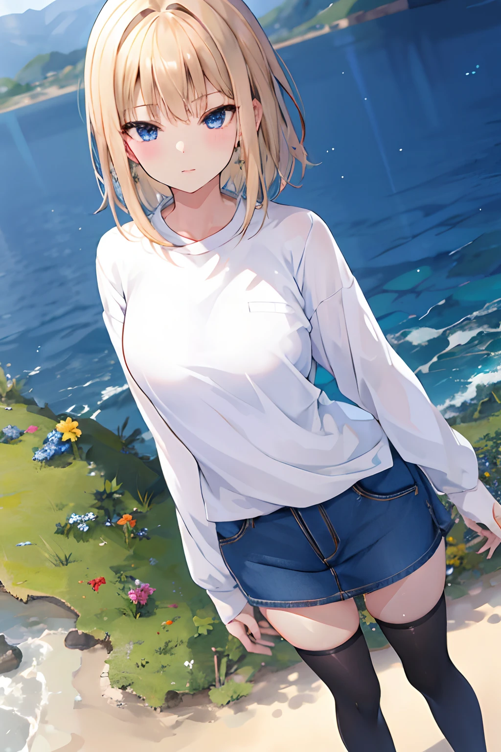 best quality, beautiful blue eyes, 1girl, solo,whole body,medium hair,blond hair,
BREAK,best quality,denim miniskirt,oversized long sleeved shirt,Black thighhighs,sneakers,small breasts,contrapposto,
BREAK,best quality,(dutch angle shot:1.2),epic,blurry background,(depth of field:1.3),(magnificent panorama view:1.3)
