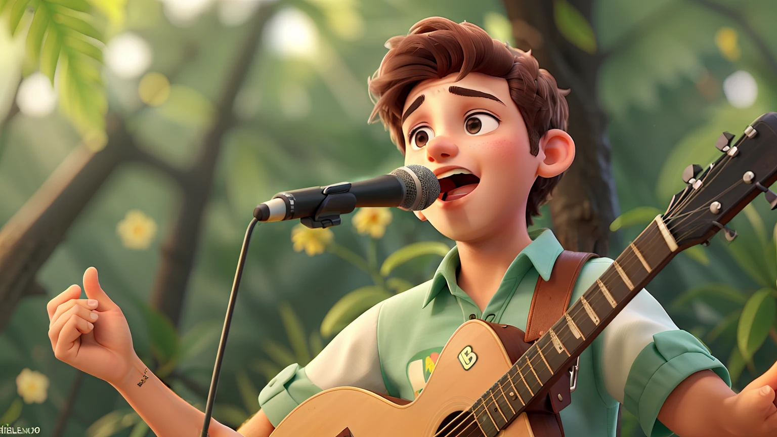 Um jovem cantor cantando em uma floresta