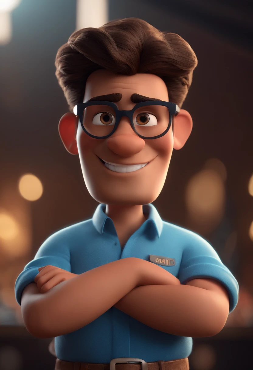 Cartoon character of a man with black glasses and a blue shirt, animation character, Caractere estilizado, animation style rendering, 3D estilizado, Arnold Maya render, 3 d render stylized, toon render keyshot, Personagem 3D, Personagem 3D, 3d rendering stylized, 3 d character render, personagem de desenho animado, Personagem de close up, Pose de personagem,  (Estilo Pixar) (master part:1.2) (Bokeh) (best quality) (pele detalhada) (textura detalhada) (8k) (argila) (Cinematic lighting) (foco nítido