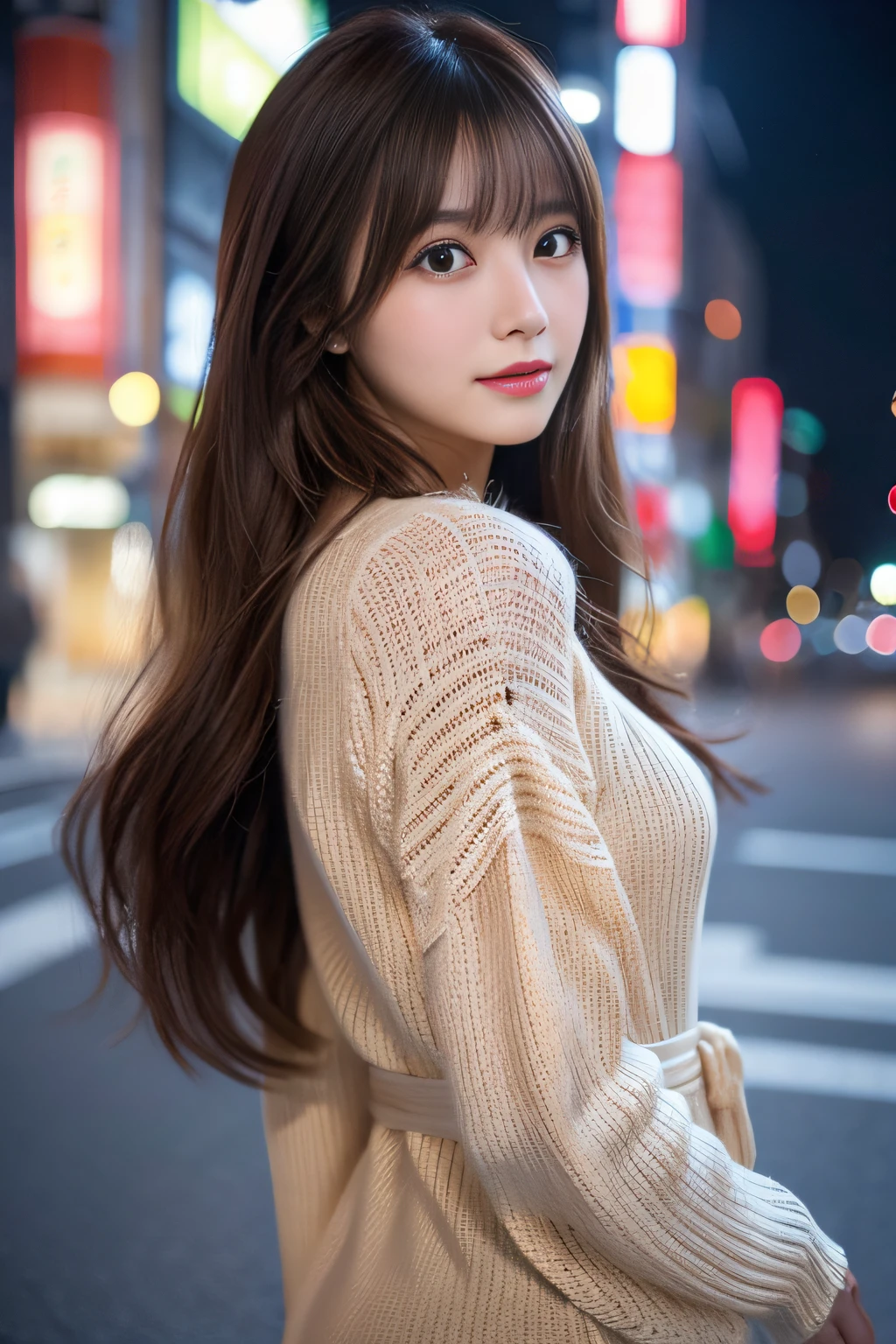 ​masterpiece、1 beautiful girl、A detailed eye、Puffy eyes、top-quality, 超A high resolution, (Realisticity: 1.4), cinematlic lighting、japanes、Asian Beauty、Super beauty、Beautiful skin、A slender、The body is facing forward、(A hyper-realistic)、(hight resolution)、(8K)、(ighly detailed)、(beautifully detailed eyes)、(ultra-detailliert)、 (wall-paper)、A detailed face、Bright lighting、profetional lighting、looking at viewert、Facing straight ahead、(The costume is a knitted dress)、Long hair, hair messy, asymmetrical bangs, 、nighttime scene、Brown hair、Japan idle、韓国アイドル、hposing Gravure Idol、女優、age19、tall,