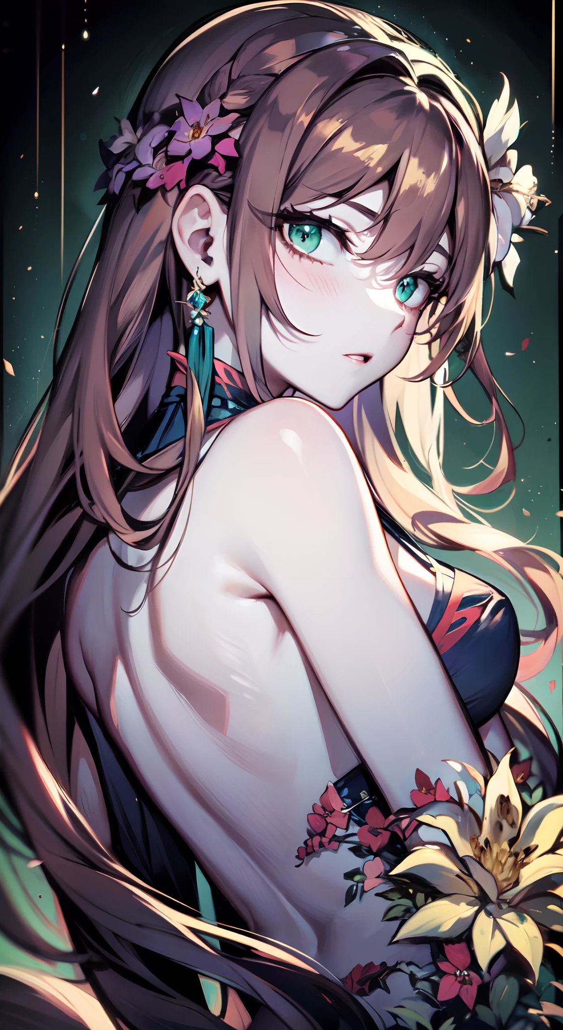 Symetrical,absurdres, highres, ultra detailed, HDR, masterpiece, extremely detailed face and eyes, aerith gainsborough ,final fantasy 7, , , solo, women , beautiful, ,, , beautiful pose scene,colorful flowers effect, colorful lightning effect,glowing glitters, ,colorful flames effect, colorful aura effect, colorful splashing, surrounded by colorful flowers energy