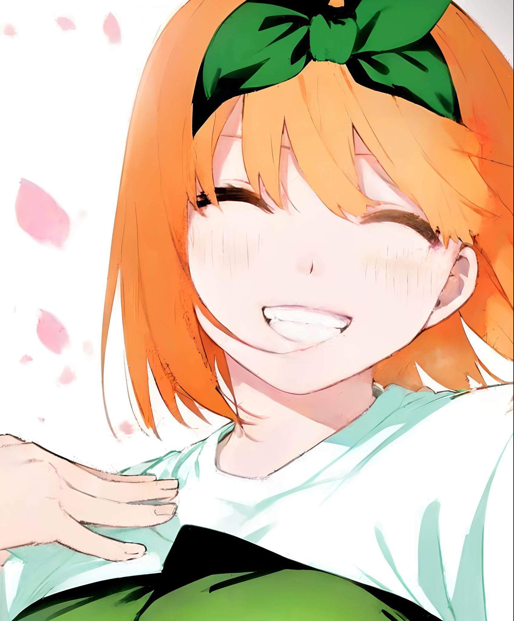 Yotsuba nakano smiling, laughing, cute expression, closed eyes, 4k, masterpiece, petals around, Cute as a dream、a pale, (​masterpiece、top-quality、top-quality、watercolor paiting(Curly)、Official art、Beautifully Aesthetic:1.2)、(a beauty girl:1.3)、Hair spreads throughout, HD Detail, Ultra Detail, Movie, sparkling, splendid, colorful, magical photography, intricate details, (1 girl, solo, alone), sfw, nakano_yotsuba, aayotsuba, Nakano Yotsuba from The Quintessential Quintuplets, sparkling eyes, green hair bow ribbon, laughing happily, crystal, fantasy, galaxy,