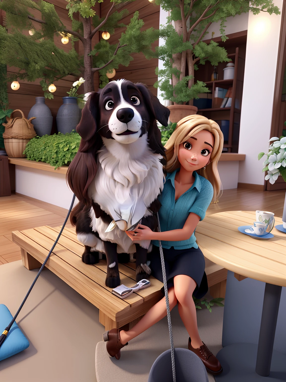 Beautiful woman, 36 anos, cabelo castanho liso, olhos castanhos escuros, Sitting and cuddling your dog