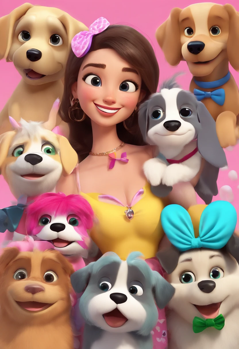 Criar poster rapaz musculoso sem camisa de barba, com brincos de cruz, cabelo curto castanho, olhos castanhos pouco puxados, sorriso feliz, nariz um pouco grande, accompanied by 5 Shitzu dogs, a black and white female, with blue bow, com carinha de sono, a beige with white with green bow, com cara de brava, uma cinzenta , Happy face with pink bow, um bege com preto e gravatinha azul e bolinha na boca e outro cinza, preto e branco, with tongue sticking out and with green tie. 3D Animation Poster Style, Magia da Disney Pixar, Estilo Disney Pixar, Disney Animation, 3D animation style, Disney Pixar rendering