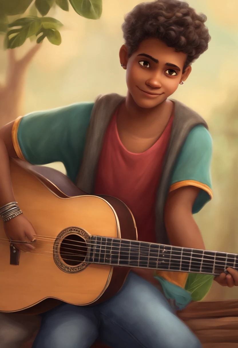 crie um banner no estilo Pixar. A boy with Indian features, moreno pardo com cabelos curtos, Castanhos escuros, Curly and slightly grayish appearance, mas jovem, usando uma camiseta, Wearing jeans and holding a classical guitar with 7 strings.