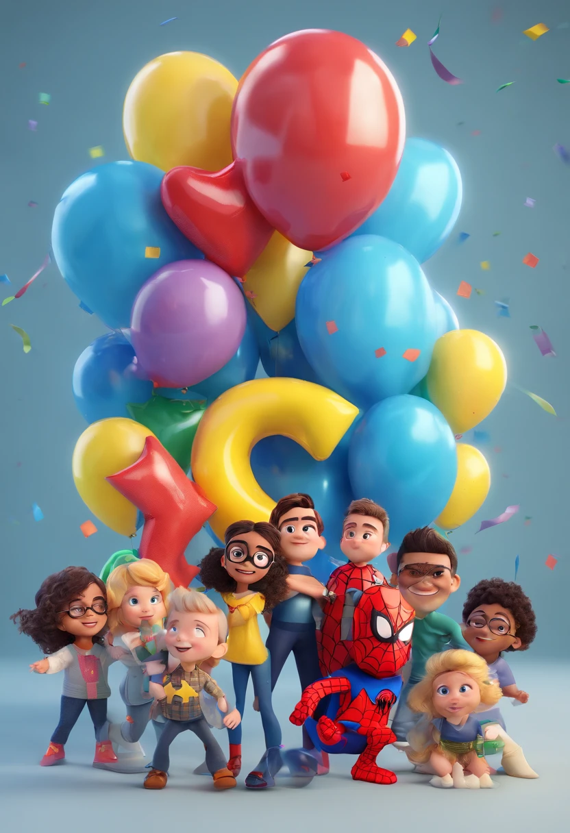 Estilo Pixar: Kids Babies Celebrating Birthday With Spiderman Blouses SUPER Man Batman Woman Wonder Woman Colorful Balloons3D Poster,Disney