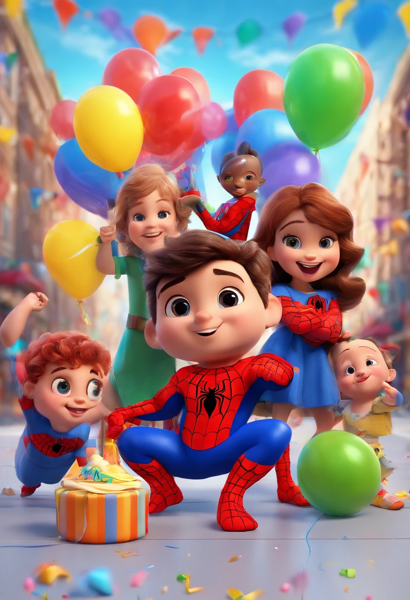 Estilo Pixar: Kids Babies Celebrating Birthday With Spiderman Blouses SUPER Man Batman Woman Wonder Woman Colorful Balloons3D Poster,Disney