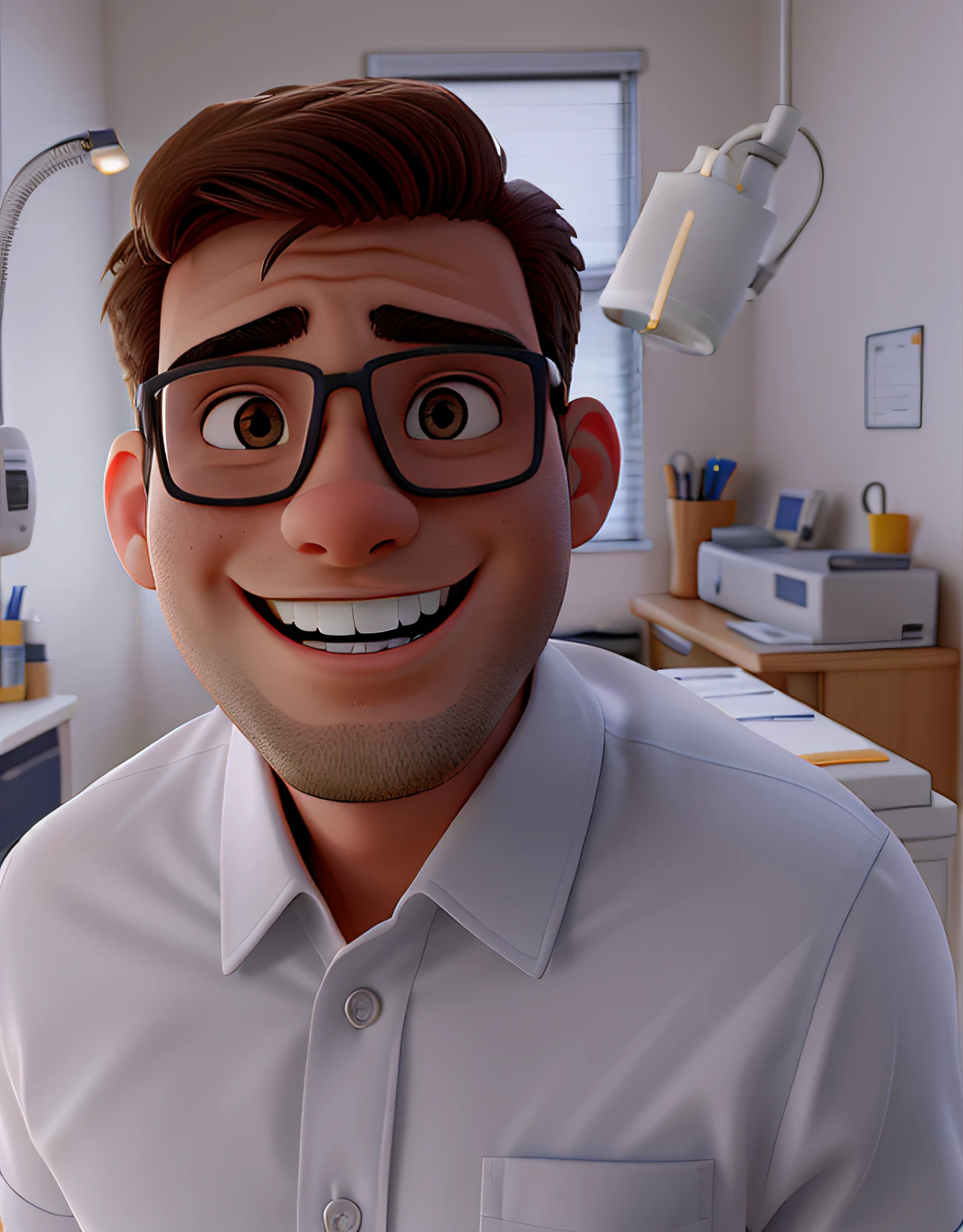 Um homem jovem 29 anos, Standing next to a dental chair, illuminated by the light of a lamp, Set against the backdrop of a dental office, com jaleco branco, sorridente