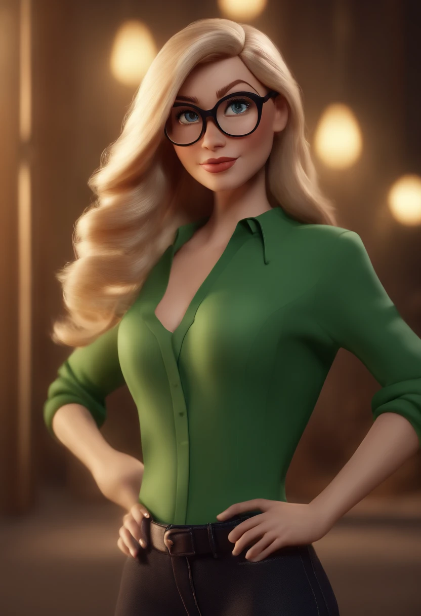 Cartoon character of a woman with blond glasses and a green shirt, animation character, Caractere estilizado, animation style rendering, 3D estilizado, 3D, personagem de desenho animado, Personagem de close up, Pose de personagem, (Estilo Pixar) (master part:1.2) (Bokeh) (best quality) (pele detalhada) (textura detalhada) (8k) (argila) (Cinematic lighting) (foco nítido