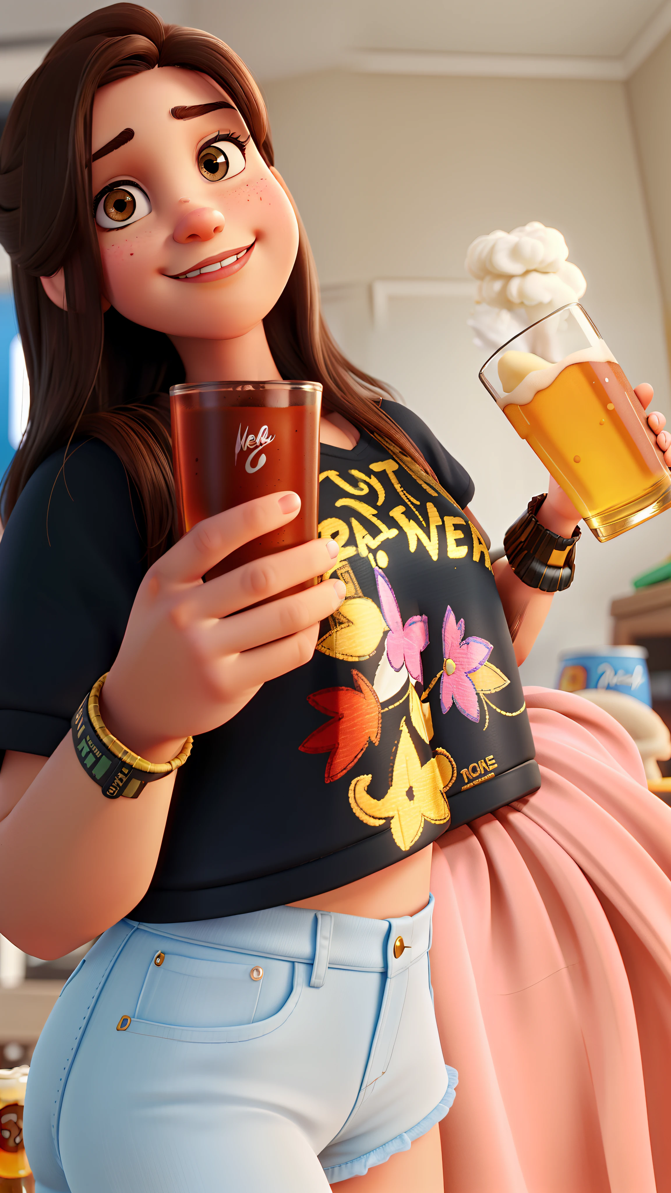 A brunette woman with brown eyes holding a glass of beer in her hands High Quality Disney Pixar, melhor qualidade