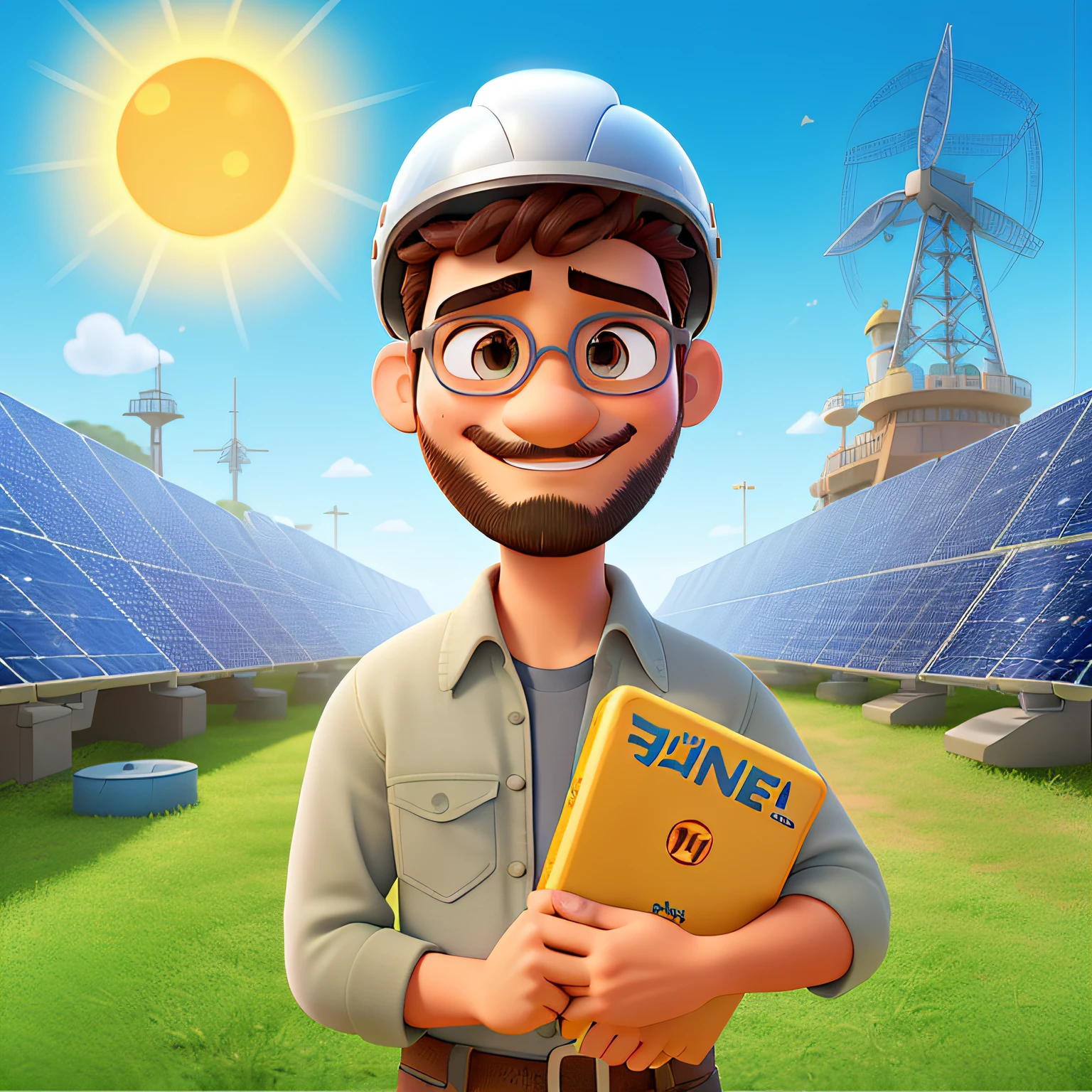 Um poster da Disney Pixar com uma usina fotovoltaica ao fundo, brasileiro, He is an engineer and has a helmet, tem 40 anos, cabelo castanho claro com branco, barba e bigode castanho, olhos castanhos com oculos, He's holding a project