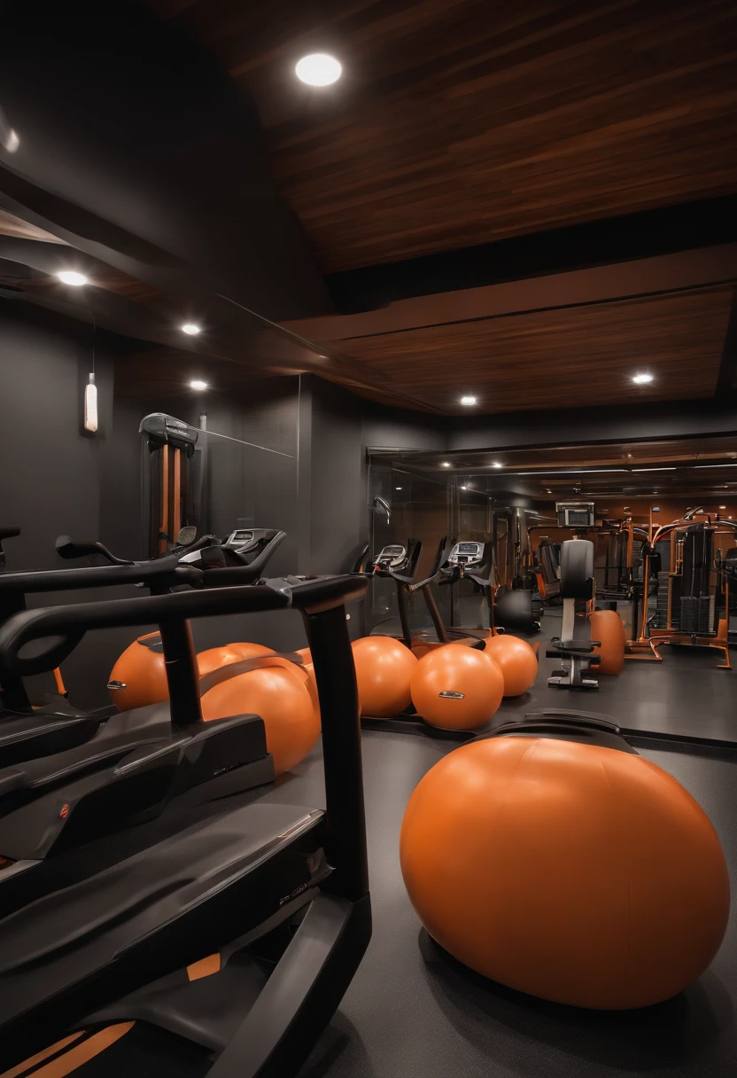 Crie uma academia no estilo Pixar. Make a gym with weight machines and treadmills in the background. Parede lisa com a cor preta, Black ceiling and wooden floor. Warm Led Dark Lighting. Com um avatares masculinos treinando, sorrindo, Happy eyes in black pants and orange t-shirt. Quero amplitude e profundidade na imagem.