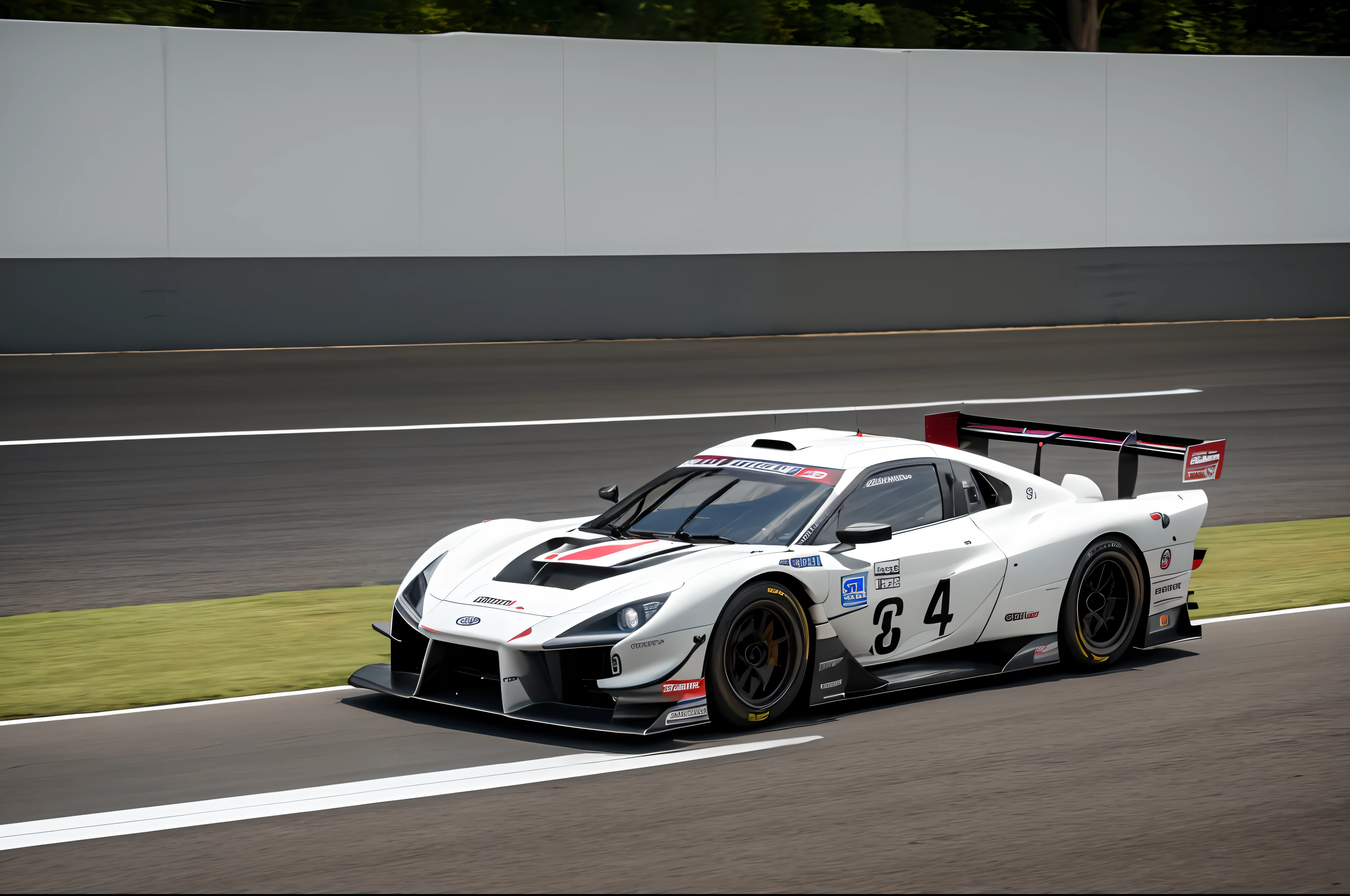 Masterpiece, best quality, super high resolution, realistic textures, racing car, design based on Toyota GR010, with large wing, with large aluminum wheels, with disc brakes, photos while driving, low ride height, with custom exhaust, with custom aero, with front lights on, with tail lights on, photos taken in a garage