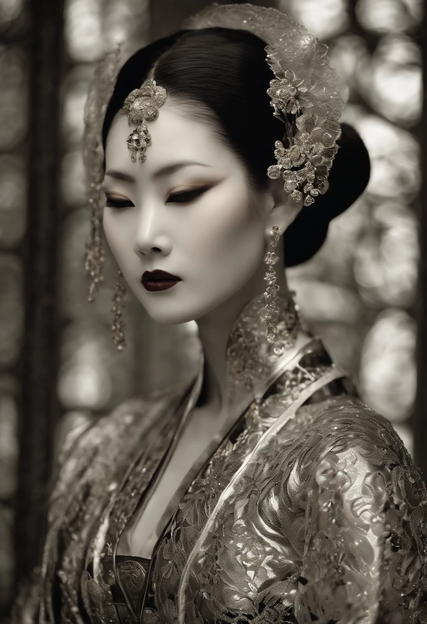 A portrait photograph of a Japanese android from the mid-twenties made of white and silver clear glass and plastic, Maquillaje de geisha, Peinado negro, Mecanismos internos del cuerpo de metal de plata y oro, dynamic pose, Fluid organic construction, Grabado detallado, Lace designs, Circuitos dorados brillantes, colorful neon trim, Grabado detallado, Lace designs, Circuitos brillantes, neon trim, arte por H.r. Giger, Greg rutowski