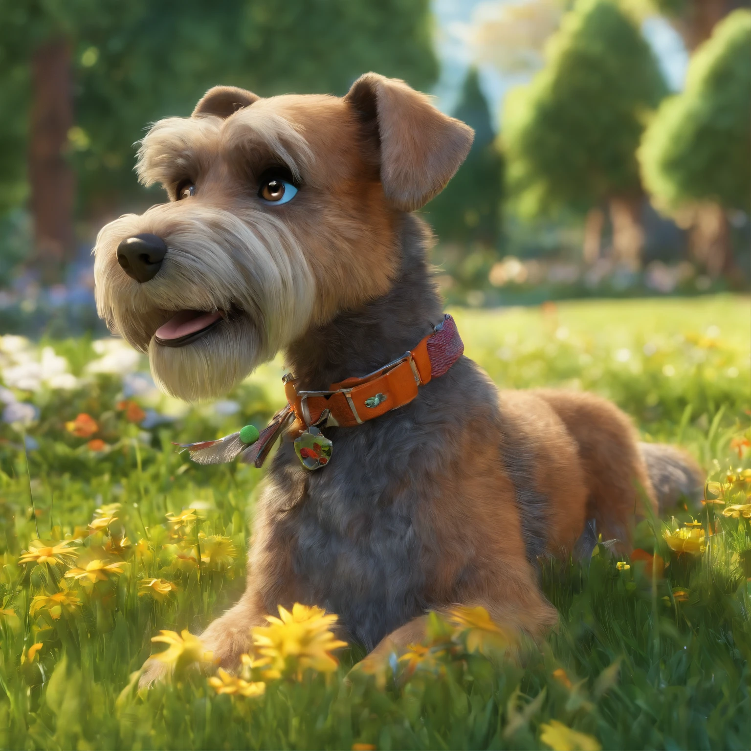 (best quality,ultra-detailed),(realistic:1.37),A smiling 15-year-old human boy,Lucas,(beautiful,expressive) eyes,(youthful,joyful) face, (brown,glossy) hair,freckles on his cheeks,(charming magnetic smile:1.1),wearing a casual T-shirt and jeans,sitting comfortably in the garden.(vivid colors),(soft and natural lighting),(green lush grass),(colorful flowers),(gentle breeze),(happy,bright atmosphere),(playful dog),(cute schnauzer),(rich textures),Bolt lying by his side,with (bright,sparkling) eyes and (wagging) tail,showing pure delight and (loyalty:1.1).(photorealistic:1.37),(impressive details),the scene captures the (harmony and happiness) between Lucas and Bolt,making it a joyful masterpiece.