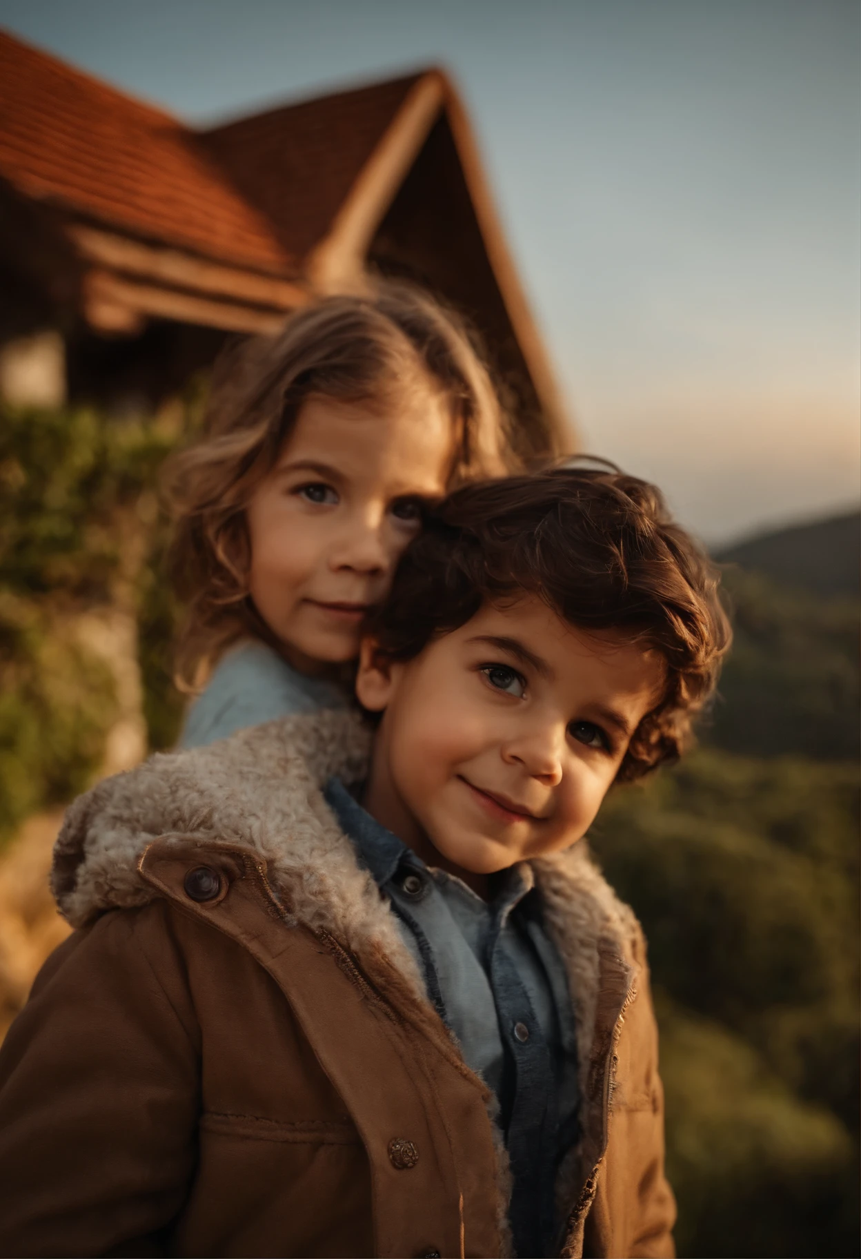 : Miguel, aproximadamente 5 anos de idade, cabelo curto estilo Disney, olhos castanhos e sorrisos. garota: Giovana, 2 anos, longos cabelos pretos e olhos azuis. scenecy: Miguel and Giovana are in a cozy little house in the valley, ao fundo um dia ensolarado, Destacando o Sol.