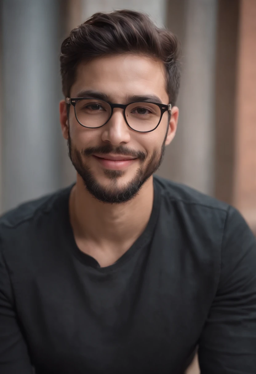 smiling man with glasses and beard wearing black shirt and black pants, a character portrait by William Berra, unsplash, renaissance, riyahd cassiem, portrait of danny gonzalez, jewish young man with glasses, daniel mirante, caio santos, joseph moncada, jordan lamarre - wan, headshot profile picture, mohamed chahin, headshot photo,