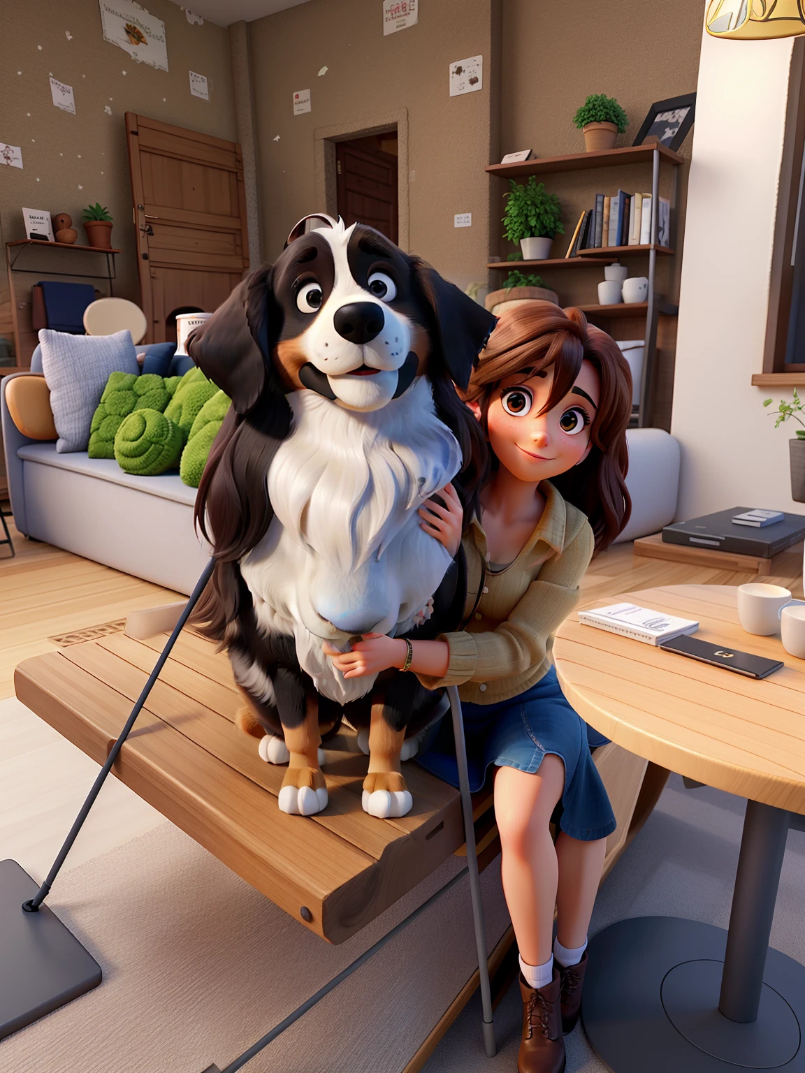 Beautiful woman, 36 anos, cabelo castanho liso, olhos castanhos escuros, Sitting and cuddling your Bernese dog