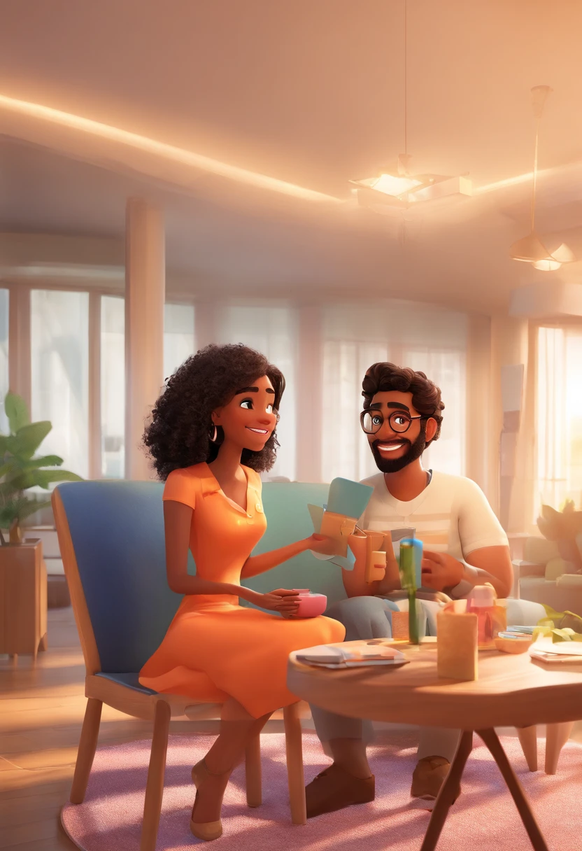 An illustration of an adorable couple, Highlight for a chubby mulatto man with glasses and a brunette woman with beautiful expressive eyes - the man's skin is mulatto and the man's hair haswhile the woman's skin is black and the woman's hair is curly and brown. They have a child on their laps, sua filha. They are a bright room, cada um com um sorriso no rosto, e compartilhar um momento especial caracterizado pelo amor, Insights. Illustrate this scene from a perspective where they are facing the camera, Smiling and Showing Your Connection. Desenvolva esta arte em Full HD, Focus on your cinematic touch, Estilo Disney Pixar Animations