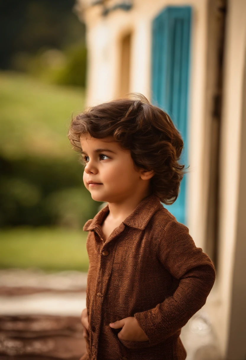 : Miguel, aproximadamente 5 anos de idade, cabelo curto estilo Disney, olhos castanhos e sorrisos. garota: Giovana, 2 anos, longos cabelos pretos e olhos azuis. scenecy: Miguel and Giovana are in a cozy little house in the valley, ao fundo um dia ensolarado, Destacando o Sol.