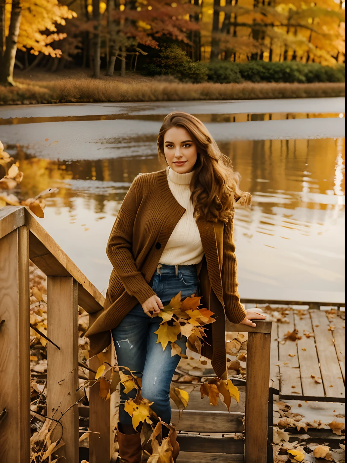Happy \(((The girl is dressed in jeans and a white sweater\))) Create a full-length photo of autumn, Stunning brunette influencer. She should look around the age of 20, Approx. 5 ft 4 in" tall with long, Wavy brown hair, Falling gracefully over the shoulders. She has an hourglass athletic figure, Accentuated by a lush bust. Her complexion should be flawless, with warm, Tanned tan. Autumn's expressive brown eyes are meant to exude charisma, And she should have a calm and confident demeanor. Autumn in Outfits, Embodying the beauty of autumn. She wears elegant clothes, bodycon sweater dress in a rich earthy brown, which is complemented by bright foliage. The dress accentuates her figure, Providing comfort while walking through autumn landscapes. A pair of knee-high leather boots adds a touch of rustic chic to her ensemble.
The surroundings are a testament to the splendor of autumn. An autumn walk takes place through a serene forest, There, Where Trees Grow, Dressed in fiery red colors, Burnt oranges, And the rich yellow hues create a breathtaking backdrop. The ground is covered with a carpet of fallen leaves, creating a delightful rustle under your feet, When she moves. warm, Golden sunlight penetrates through the canopy, Casting of spotted patterns on the forest floor.
in the autumn, You should walk through the seasonal foliage. It can be photographed, Looking at the bright leaves, playfully twirling, or just admire the natural beauty with a grateful smile. Images should evoke a sense of wonder, serenity, and the magic of autumn.
Intense look and make-up, Smiling, Serene expressions, symmetric eyes, Symmetrical facial, Photorealistic, photografic, Path trace, specular lighting, Volumetric face illumination, The path of traceable hair, Visible shadows, Intricate, Elaborate, Hyper-realistic.