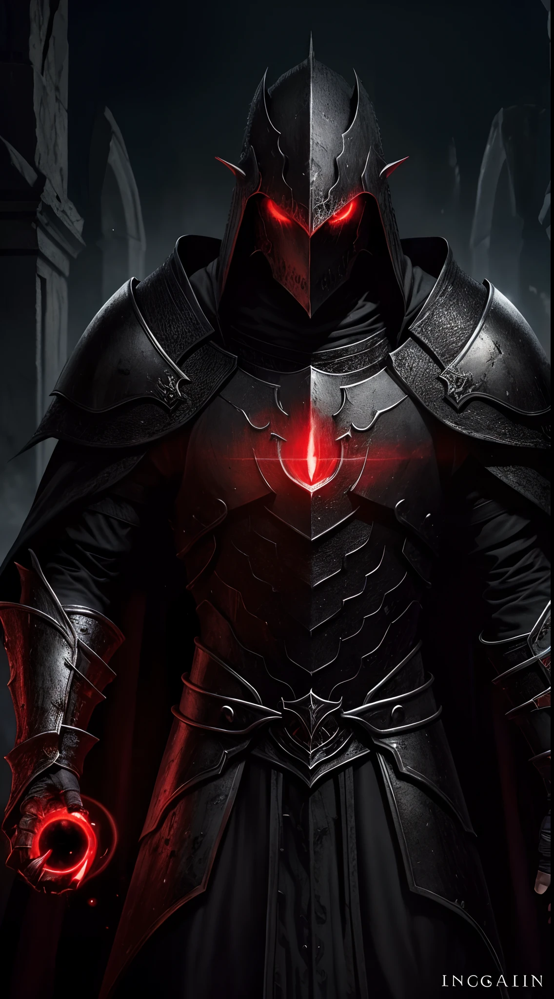 1 man, red glowing eyes, black hair, pale skin, black gold armor,,,vampire king,, fantasy dark souls world