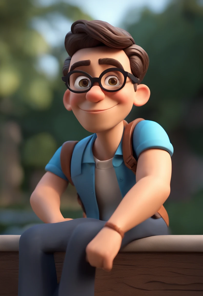 Cartoon character of a man wearing black glasses and a blue shirt, um personagem animado, Caractere estilizado, animation style rendering, 3D estilizado, Arnold Maya render, 3 d render stylized, toon render keyshot, Personagem 3D, Personagem 3D, 3d rendering stylized, 3 d character render, personagem de desenho animado, Personagem de close up, Pose de personagem, (Estilo Pixar) (master part:1.2) (Bokeh) (best quality) (pele detalhada) (textura detalhada) (8k) (argila) (Cinematic lighting) (foco nítido，Senta e vaza a parte superior do corpo