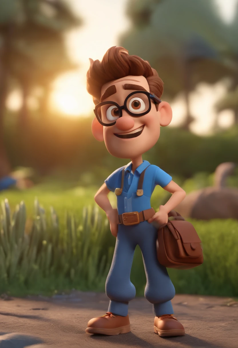Cartoon character of a man wearing black glasses and a blue shirt, um personagem animado, Caractere estilizado, animation style rendering, 3D estilizado, Arnold Maya render, 3 d render stylized, toon render keyshot, Personagem 3D, Personagem 3D, 3d rendering stylized, 3 d character render, personagem de desenho animado, Personagem de close up, Pose de personagem, (Estilo Pixar) (master part:1.2) (Bokeh) (best quality) (pele detalhada) (textura detalhada) (8k) (argila) (Cinematic lighting) (foco nítido,Senta e vaza a parte superior do corpo
